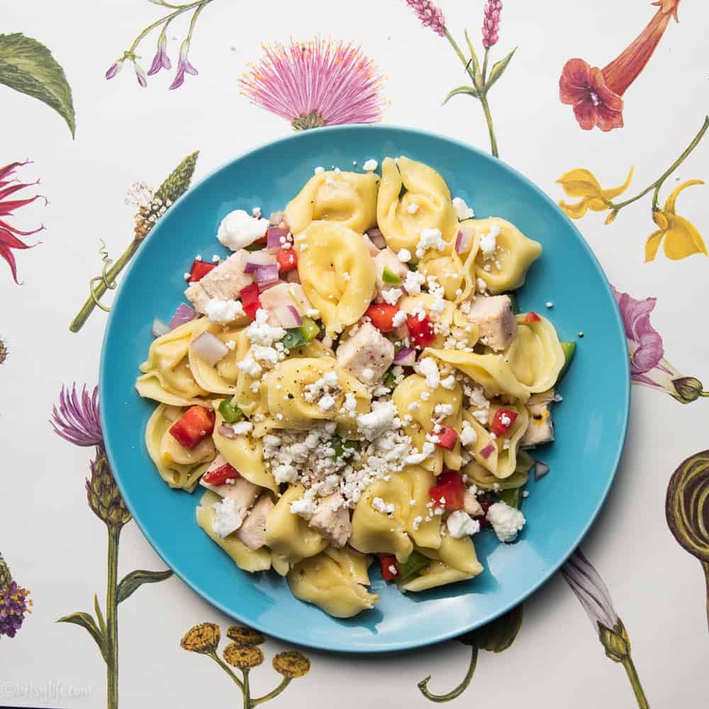 blue plate filled with tortellini pasta salad on a floral backdrop