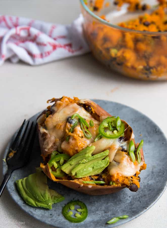 twice baked sweet potatoes topped with jalapenos and sliced avocado 