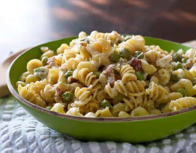Pasta with Bacon, Peas and Edamame