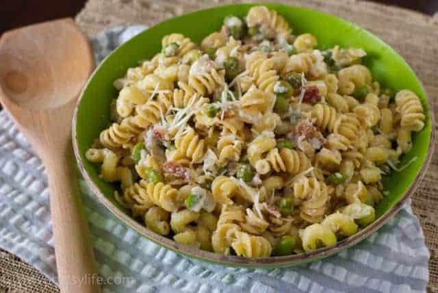 Pasta with Bacon, Peas and Edamame