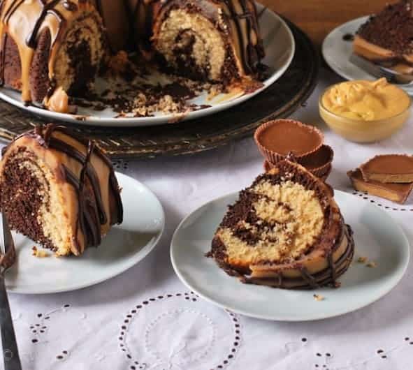slices of chocolate peanut butter swirl cake