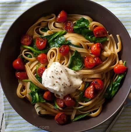 Fettuccine with Seared Tomatoes, Spinach, and Burrata