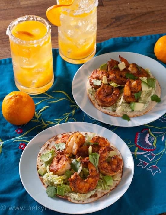Chili tangerine shrimp tostadas with avocado cream and tangerine margaritas #shrimpshowdown www.betsylife.com 