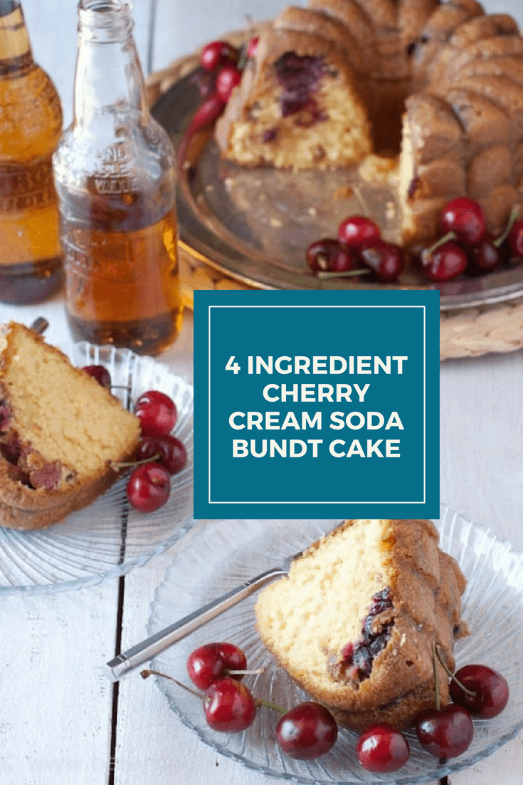 4 Ingredient Cherry & Cream Soda Cake with 2 slices removed on glass plates. Each plate had fresh cherries and a fork with the cake slice. Two bottles of cream soda and rest of the bundt cake out of focus in the background