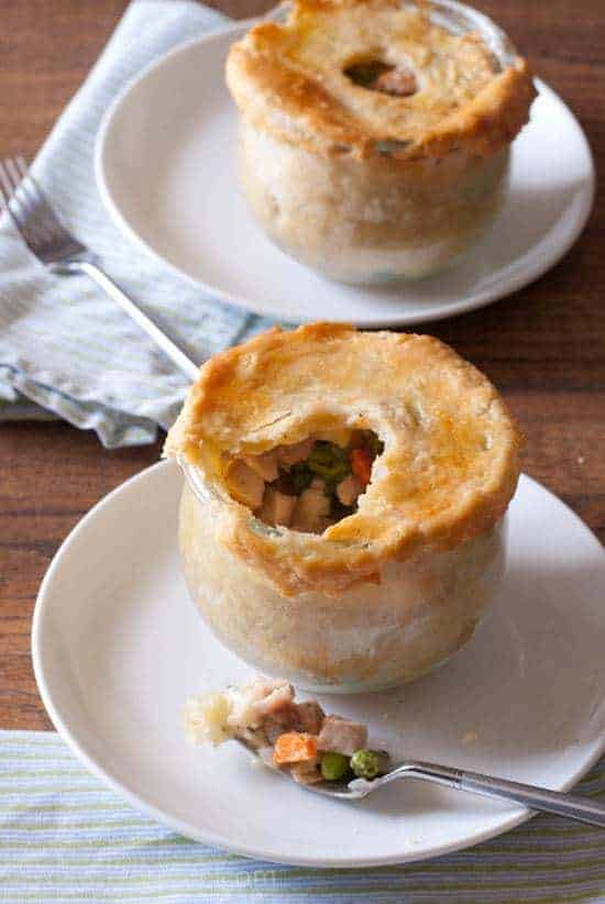 Chicken Pot Pie In A Jar on white plates with forks