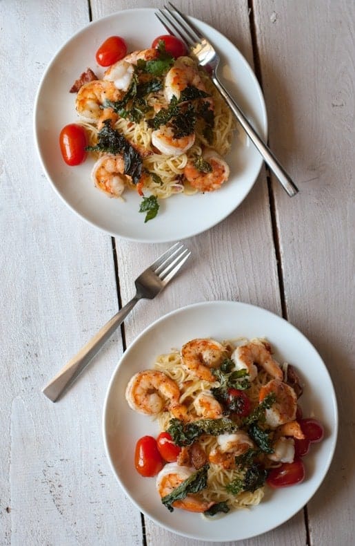 30 Minute Date Night Meals. Shrimp and Bacon Pasta with Crispy Kale
