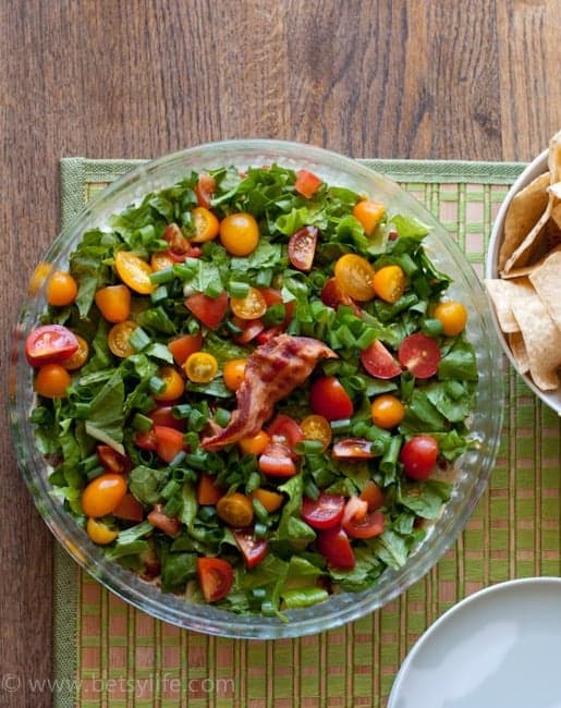 Overhead photo of blt dip in a round glass dish