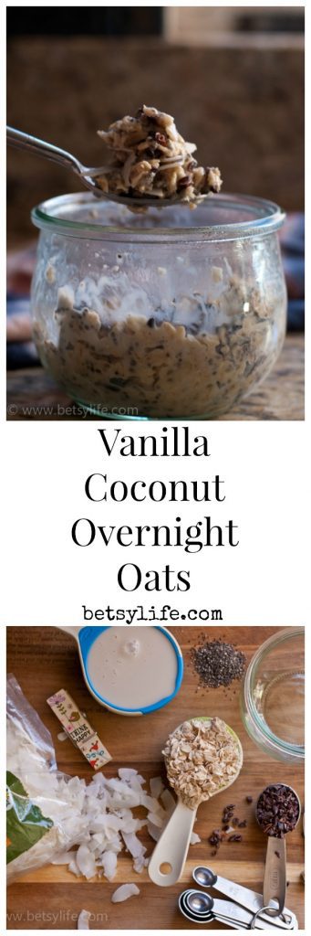 Vanilla Coconut Overnight Oats with spoon and measuring cups