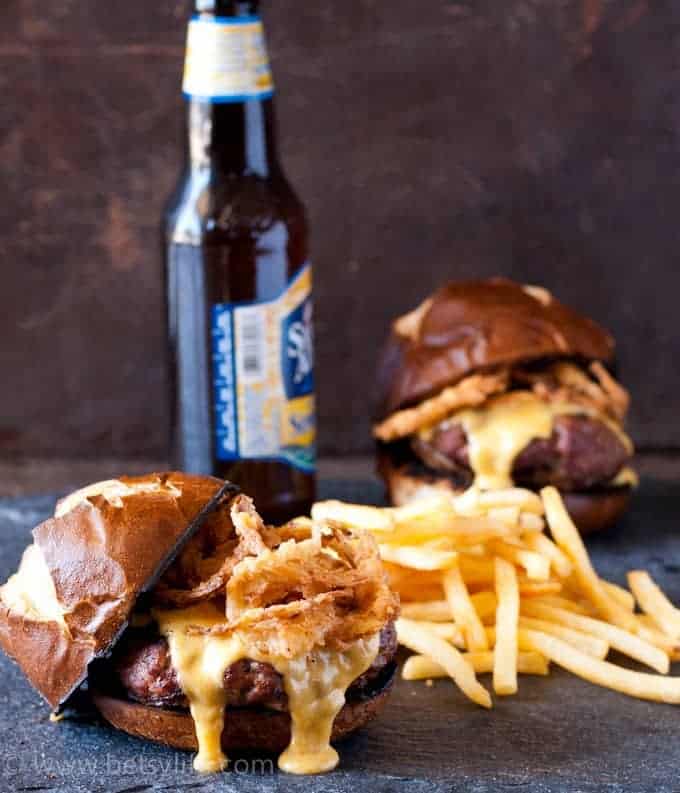 Beer Cheese Burgers with Crispy Onions