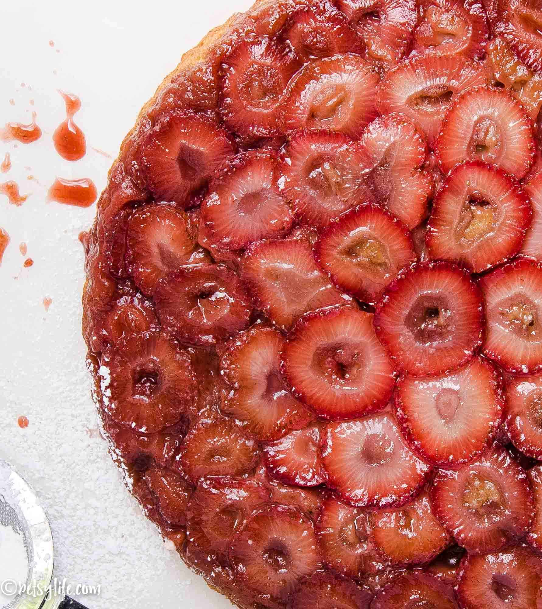close up of strawberry upside down cake 