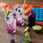Two Blueberry Lavender Cocktails next to a bottle of blueberry syrup