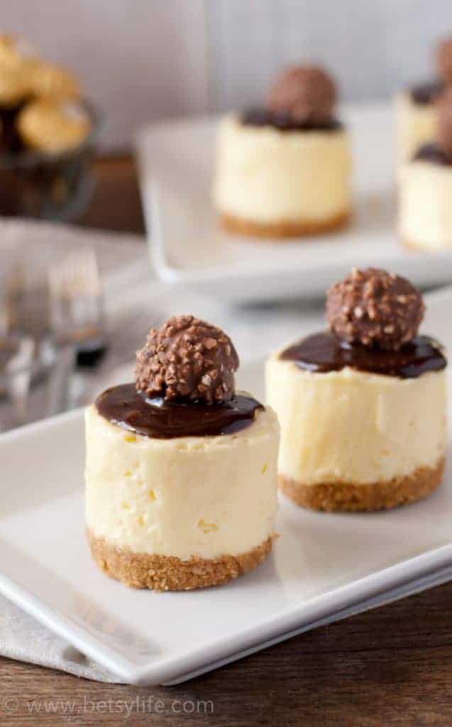Detail of individual mini cheesecake topped with chocolate sauce and round chocolate candy 