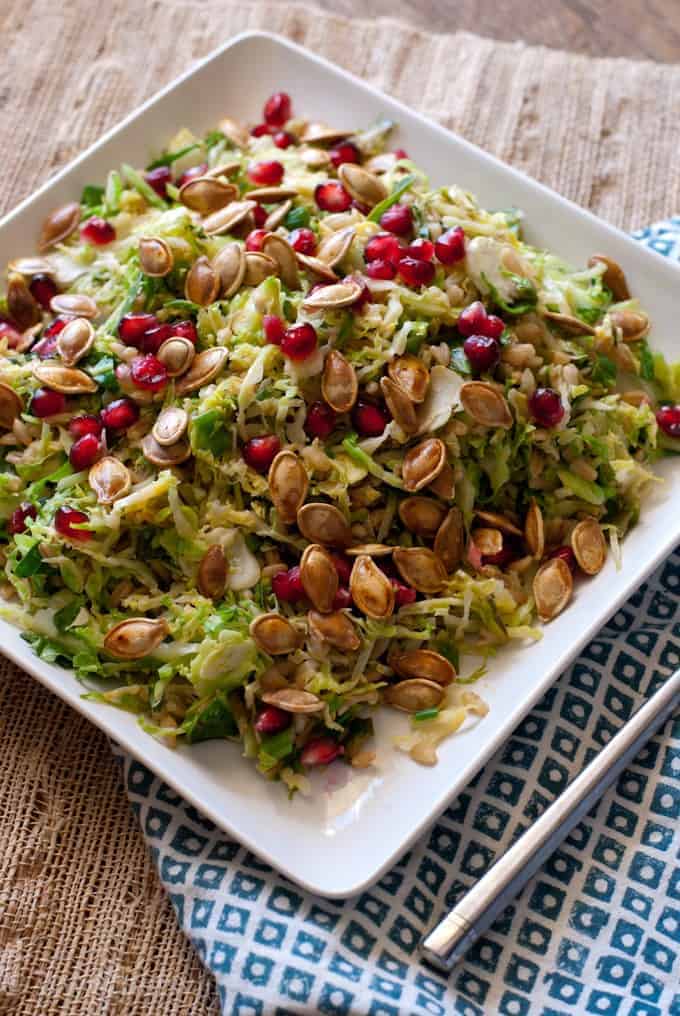 Shaved Brussels Sprout and Pomegranate Salad with Toasted Pumpkin Seeds 