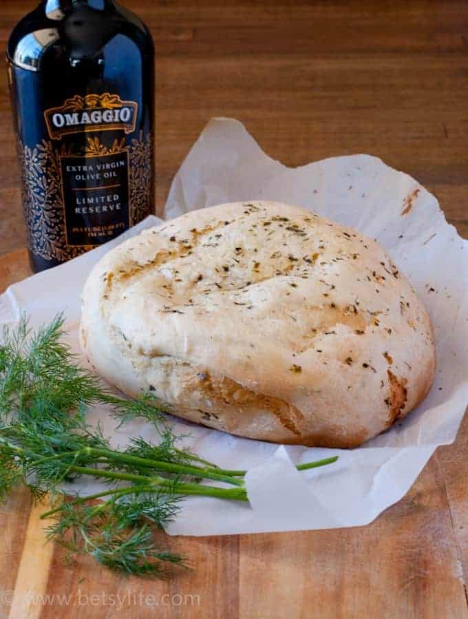 Loaf of crock pot bread on parchment paper next to dill and a bottle of olive oil 