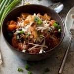 Black Bean and Butternut Squash Chili with Crispy Shredded Chicken
