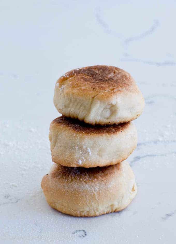 three english muffins stacked