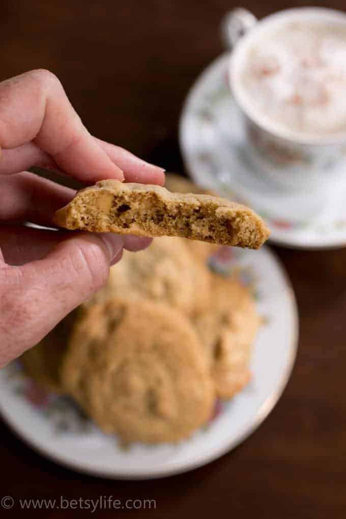 close up of the inside of a chai spiced peanut butter chip cookies