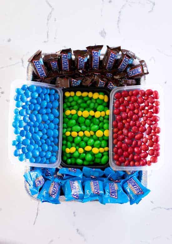 Snack Stadium made of m&ms and snickers 