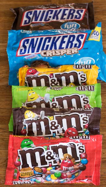 bags of snickers and m&Ms
