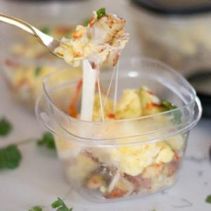 Make ahead breakfast bowl with a fork bite and stretching cheese