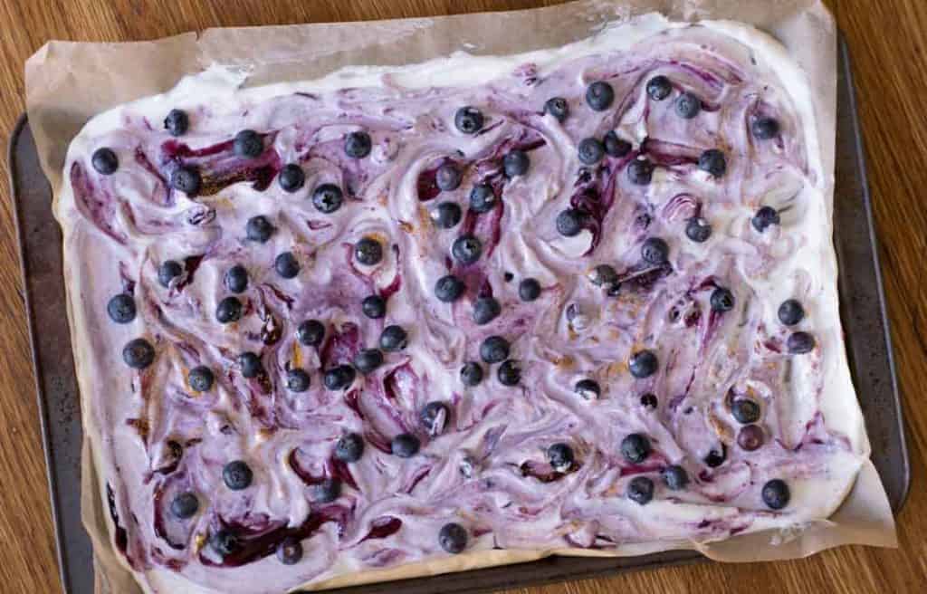 blueberry swirl on yogurt on cookie sheet