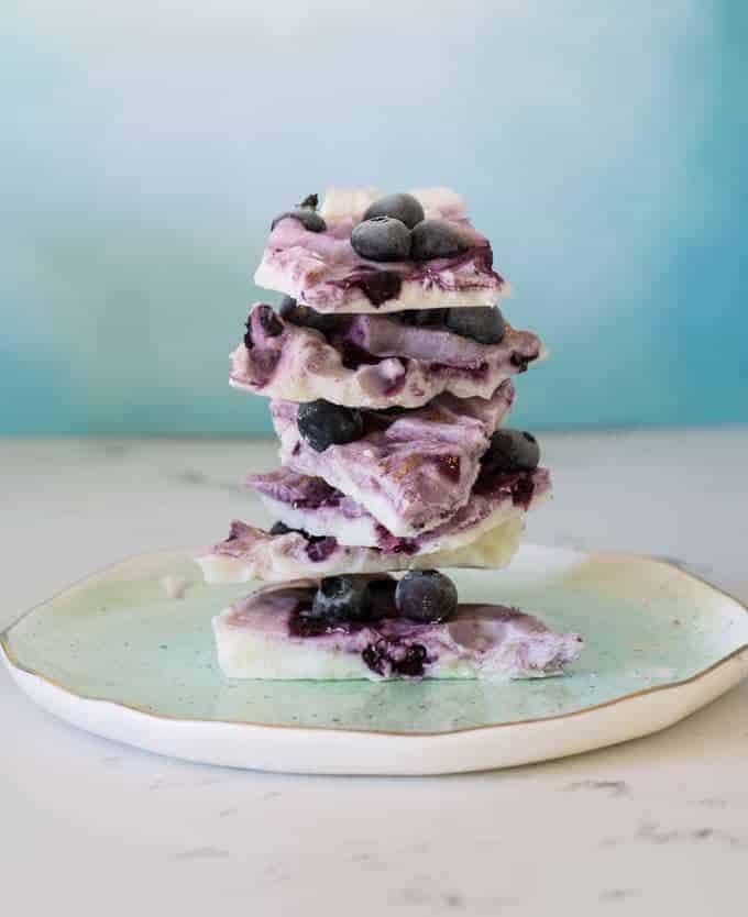 stack of pieces of blueberry frozen yogurt bark
