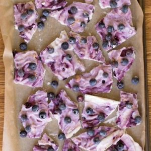 white yogurt bark with blueberry swirl