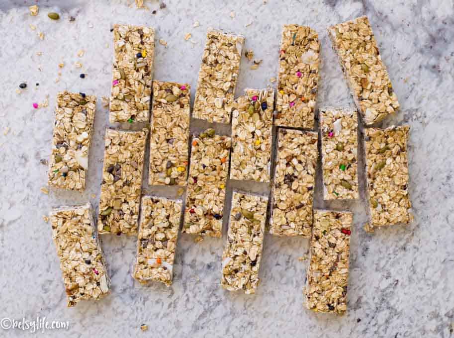 batch of homemade granola bars on a counter
