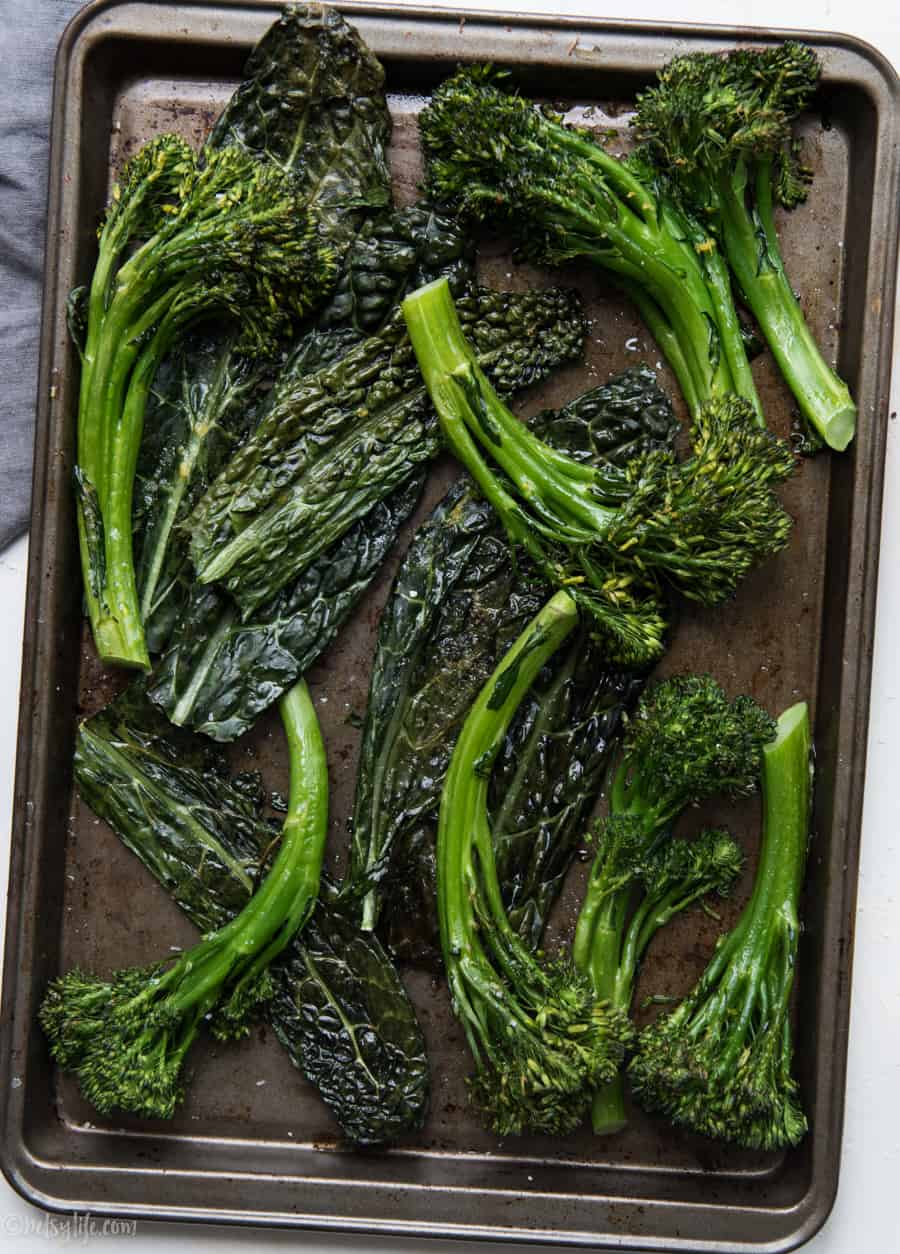 baking sheet with roasted broccolini and crispy kale 